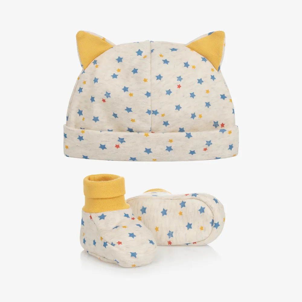 Beige Stars Hat & Booties Set