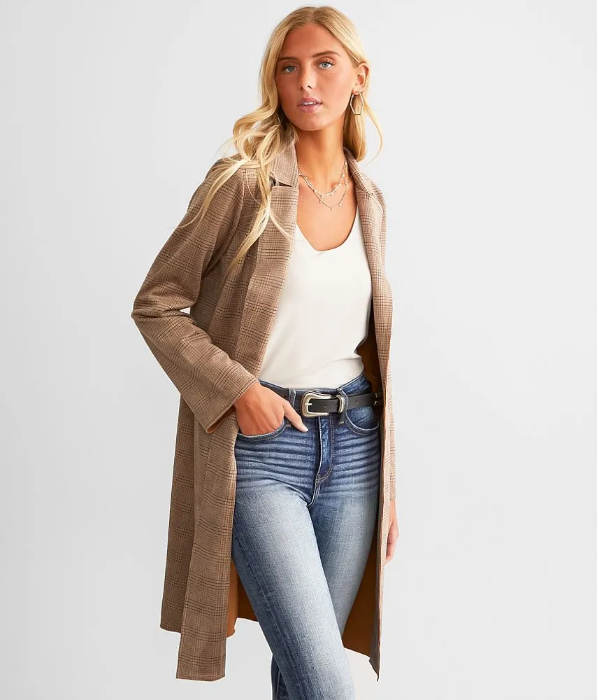 Buckle Black Plaid Trench Flyaway Jacket