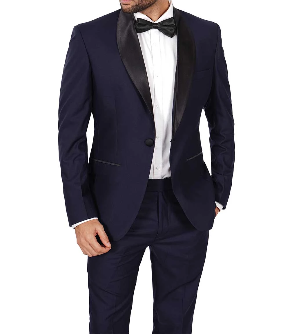 Men's Dark Blue Tuxedo with Classic Black Shawl Collar