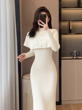 New winter women's fashion temperament, gentle and sweet first love, foreign style girl's slim long skirt, shawl knitted dress
