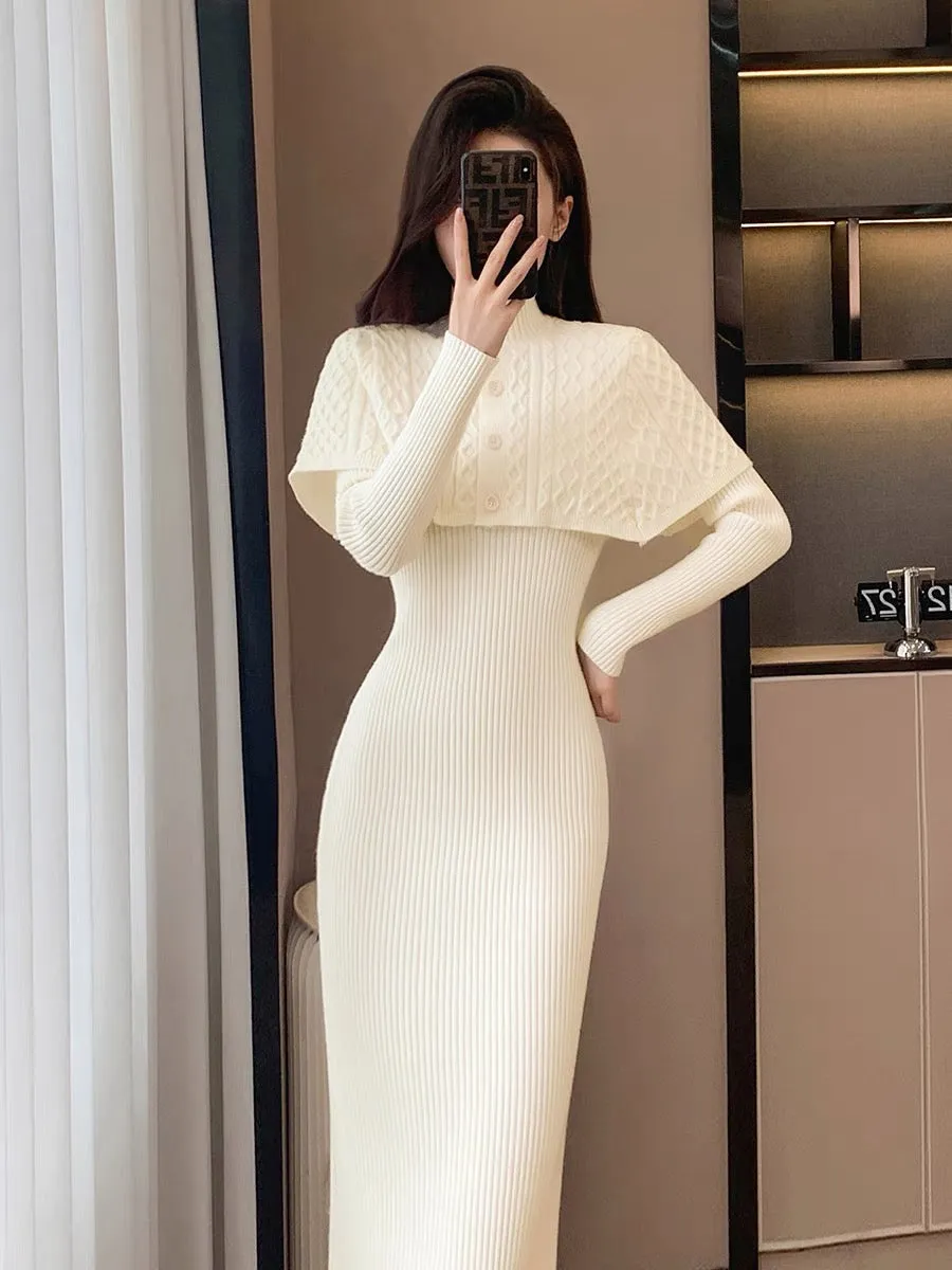 New winter women's fashion temperament, gentle and sweet first love, foreign style girl's slim long skirt, shawl knitted dress