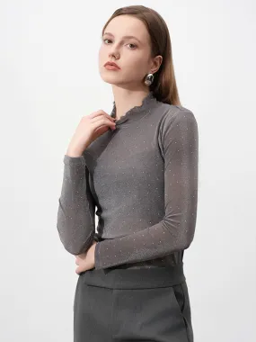 Sheer Mesh T-shirt For Women Rhinestone Long Sleeves Ruffle Turtleneck Top 2025