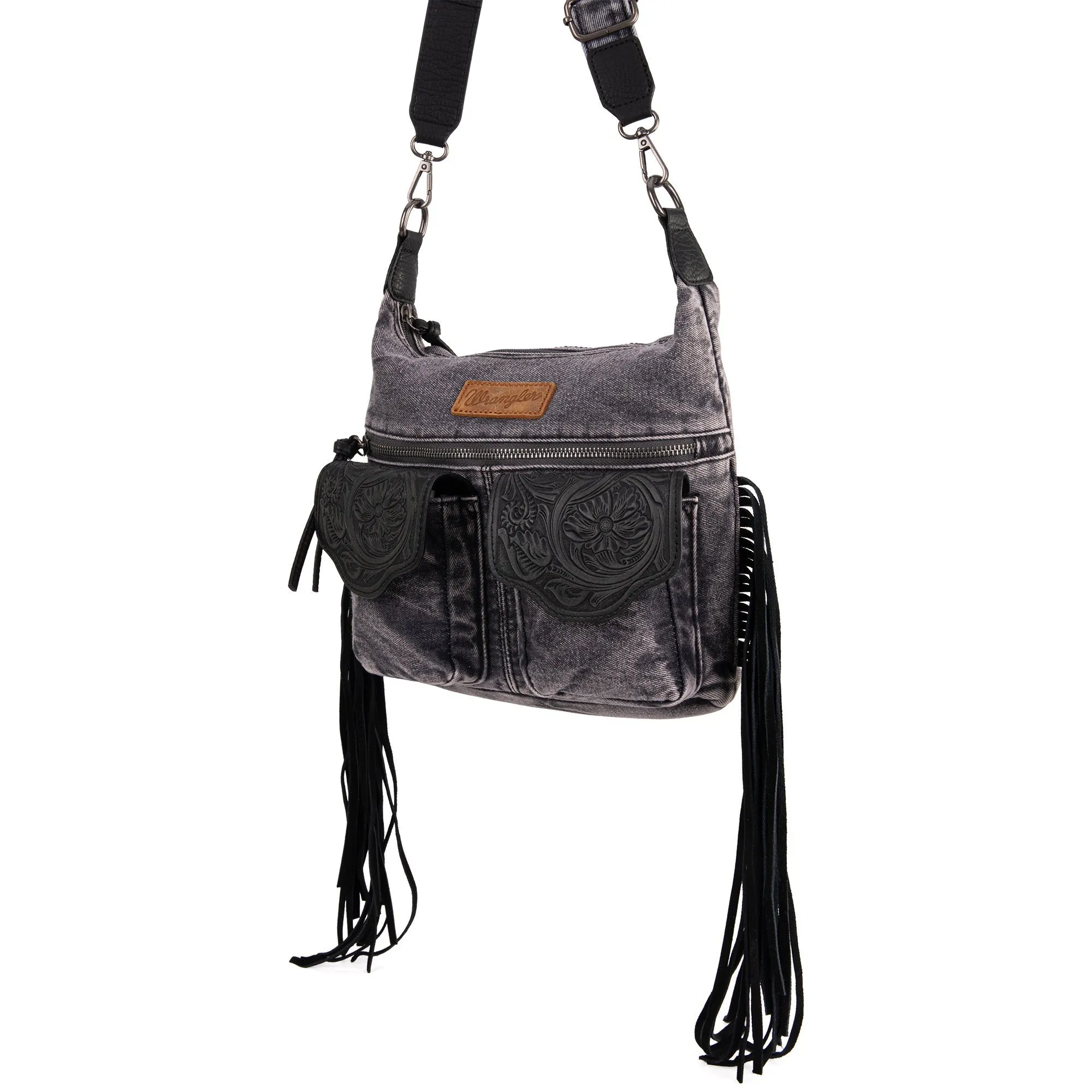 WG103-2009S Wrangler Fringe Floral Tooled  Denim Crossbody - Black