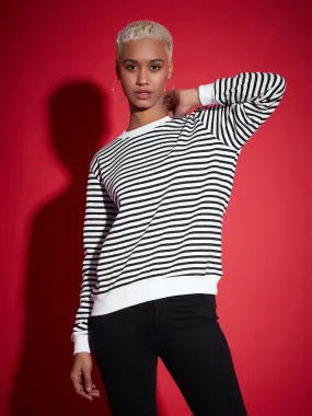 Women Black & White Striped Fleece Sweatshirt